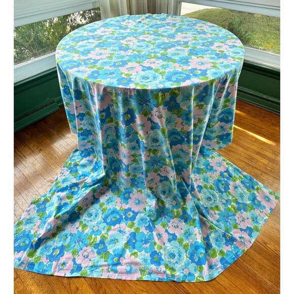 Vintage 70s flat/top sheet, blue pink floral bedsheet, twin size, Wabasso - Picture 2 of 5